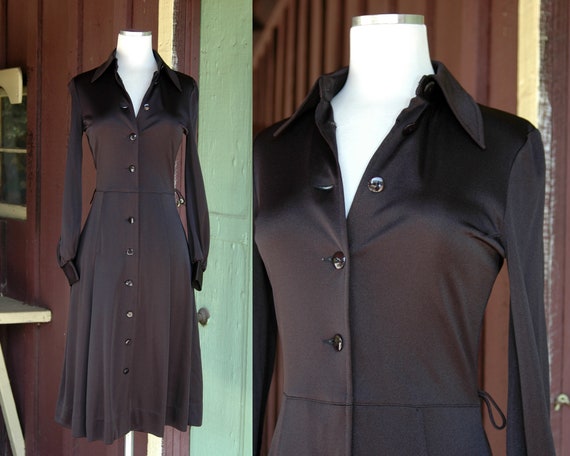 1970s Black Shirt Dress // 70s Black Buttons Up L… - image 1