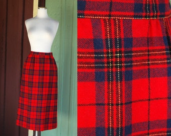 HOLIDAY 1970s Red Leslie Tartan Skirt by Pendleton // 70s Wool Plaid Pendelton Midi Skirt