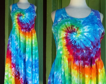 Rainbow Tie Dye Cotton Dress // Colorful Sleeveless Tank Top Sun Dress
