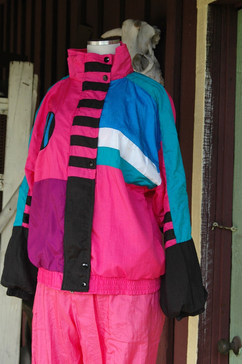 Purple Black Striped Circle 1990s Pink Graphic Print Warm Up Sweatsuit 90s Pink Blue Green