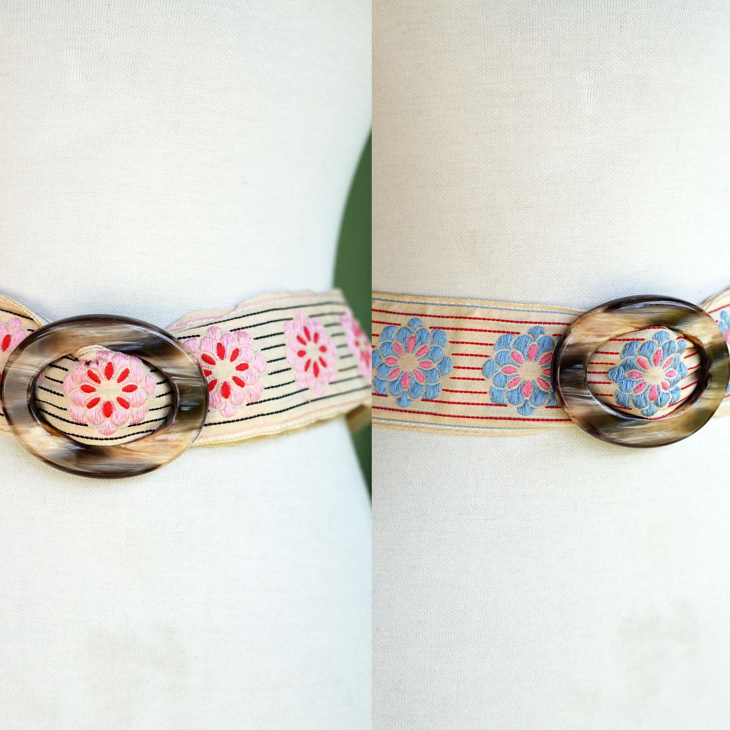 Reversible Beige Pink Blue Red Black Striped Floral Fabric 