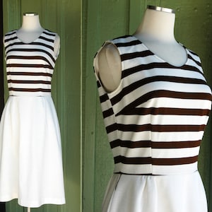 1970s White and Brown Striped Sleeveless Midi Dress // 70s Sun Dress Summer Dress Day Dress
