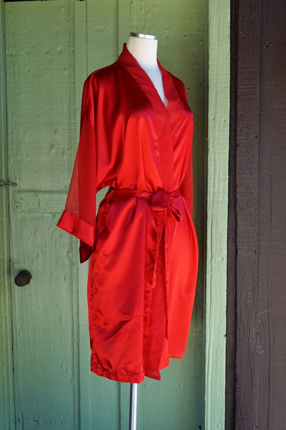 Shortie Red Robe 1990s Red Silky Short Robe with Sheer Wide Sleeves //… - Gem