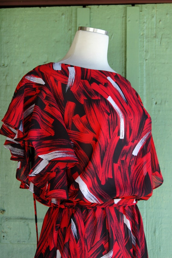 1980s Red White Black Abstract Brush Print Sheer … - image 4