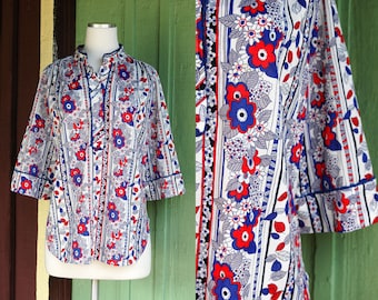 1960s 1970s Red White Blue Striped Floral Blouse