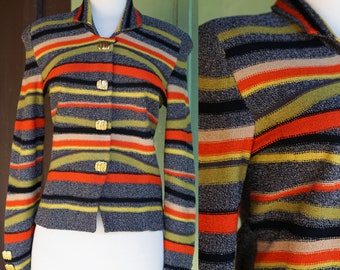 1980s 1990s Grey Orange Green Tan Striped Sweater Jacket // 80s 90s Striped Knit Suit Jacket by Steve Fabrikant Neiman Marcus