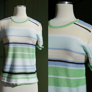 1990s Blue Green Yellow White Striped Short Sleeve Sweater Top // 90s Knit Top Striped Sag Harbor Petite