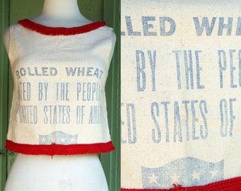 1950s Rolled Wheat Hand Made Crop Top with Red Fringe Trim // 50s Beige Tan Wheat Sack Tank Top