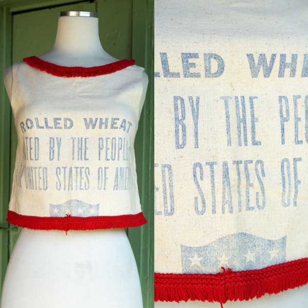 1950s Rolled Wheat Hand Made Crop Top with Red Fringe Trim // 50s Beige Tan Wheat Sack Tank Top