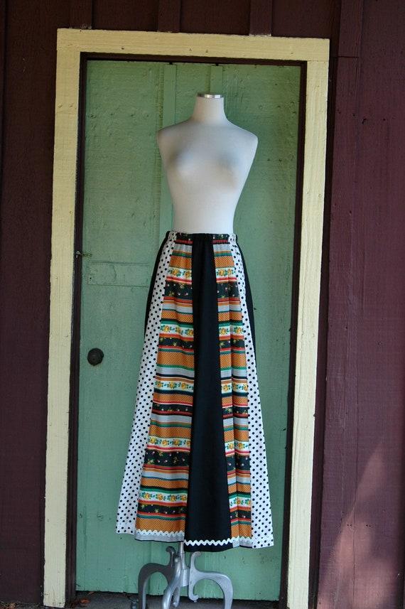 1970s Panel Patchwork Polka Dot Striped Floral Maxi Skirt // 70s