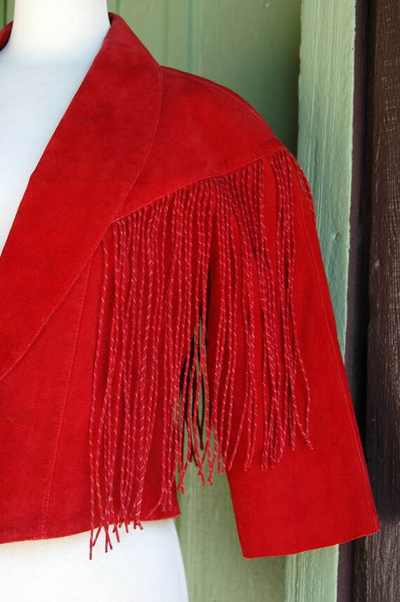 1990s Dark Red Suede Cropped Jacket with Fringe T… - image 3