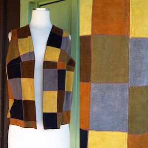 1970s 1980s Western Wear Latigo West Patchwork Leather Vest // 70s 80s Suede Leather Patch Cowboy Vest