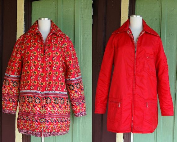 HOLIDAY 1960s Red Reversible Nylon Puffy Coat // 60s Red Floral 