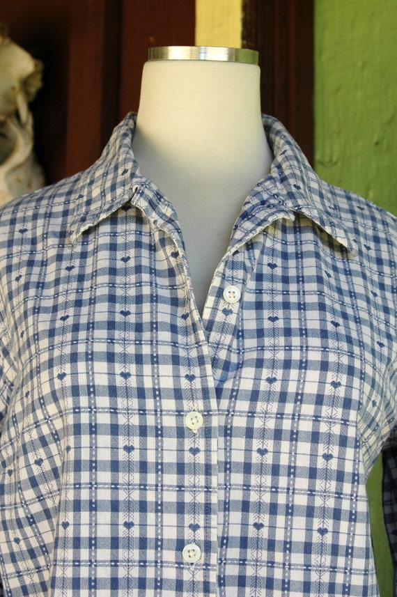 1990s Blue and White Checkered Heart Print Blouse… - image 3