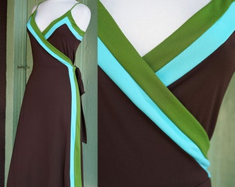 2000s Brown Wrap Dress with Blue Green Striped Trim // Y2K Midi Wrap Dress