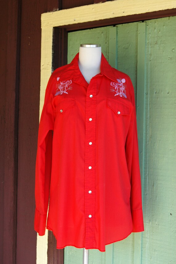 1970s Red Western H Bar C Long Sleeve Shirt with … - image 2