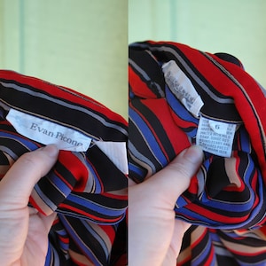 May include: A black, red, blue, and tan striped blouse with a white label that reads "Evan Picone" and another white label with care instructions. The care instructions include "Machine wash cold, gentle cycle, do not bleach, tumble dry low, warm iron."