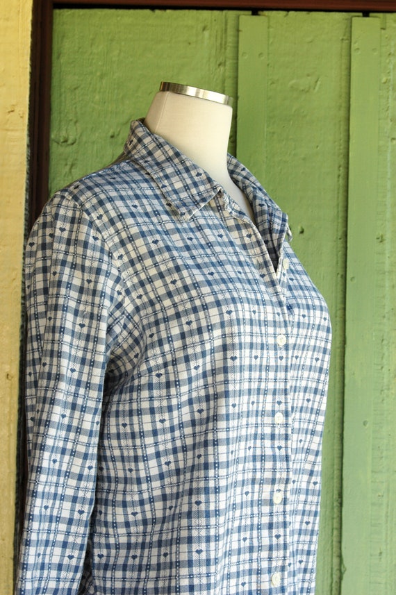 1990s Blue and White Checkered Heart Print Blouse… - image 5