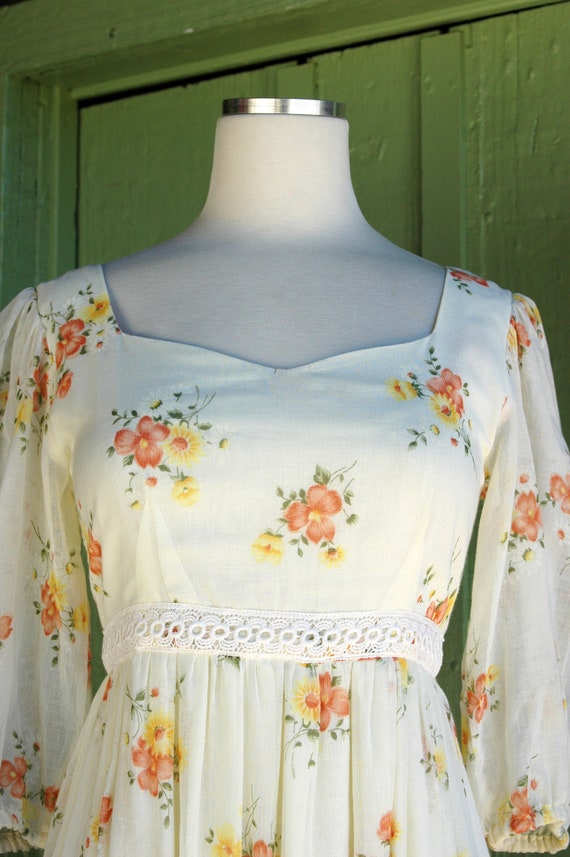 1970s Boho Hippie Pale Yellow Orange Peasant Dres… - image 7