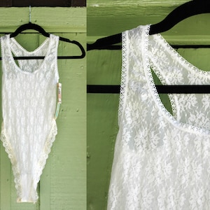1970s Sheer White Stretch Lace High Cut Bodysuit // 70s Movie Star Deadstock New Old Stock Unworn Original Tags Lace Onesie Romper