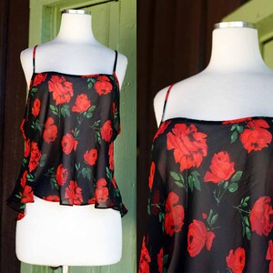 1980s Sheer Spaghetti Strap Top // 80s Sheer Black Red Rose Print Romantic Tank Top