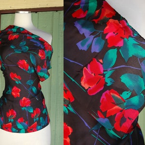 1980s Black Red Green Blue Floral Print Silk Scarf // 80s Bold Colorful Flower Scarf Made in Japan