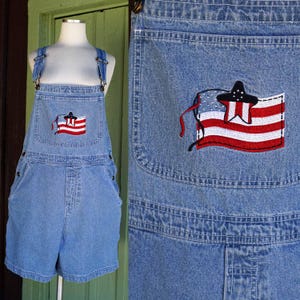 1990s Light Blue Denim Overall Shorts with American Flag // 90s Christopher & Banks American Flag Fourth of July Summer Jean Shortalls