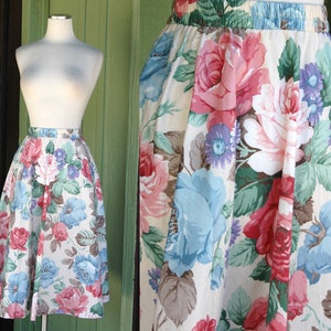 1980s 1990s Pale Yellow Pink Blue Green Romantic Floral Skirt // 80s 90s Rose Flower Flared Cotton Midi Skirt