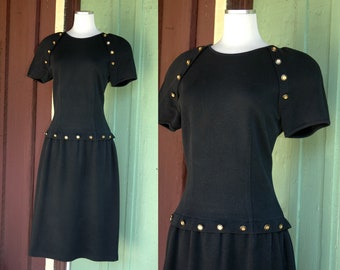 1980s 1990s Black Drop Waist Midi Dress with Gold Detail // 80s 90s Designer Black and Gold Dress by Adrienne Vittadini