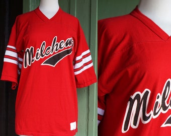 1970s Red Shirt Jersey with Milchem at Front // 70s Red White Black Striped Sports Top Team Shirt