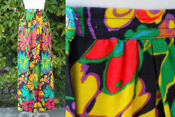 70s Neon Floral Print Multi-Color Maxi Skirt // P… - image 1