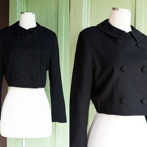 1950s 1960s Black Wool Cropped Blazer Jacket // 50s 60s Double Breasted Suit Jacket
