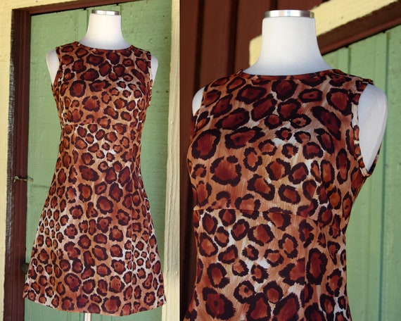 1990s Brown Black Leopard Animal Print Short Dres… - image 1