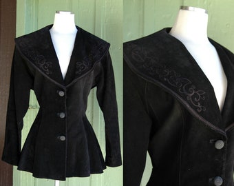 1980s 1990s Black Suede Hourglass Embroidered Jacket // 80s 90s Stevie Nicks Large Collar Embroidered Leather Coat