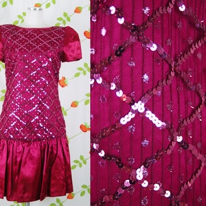 1980s Pink Satin Sequin Drop Waist Formal Dress // 1980s Lilli Diamond Party Dress