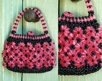 Pink and Black Floral Beaded Top Handle Small Purse