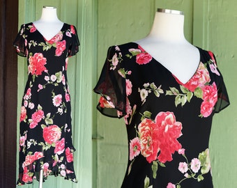 1990s Black Pink Red Floral Rayon Dress // 90s Carol Anderson Dark Floral Dress with Ruffled Trim