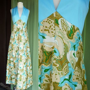 1970s Light Blue Halter Maxi Dress with Tan Green White Swirly Floral Print // 70s Open Back Halter Long Dress