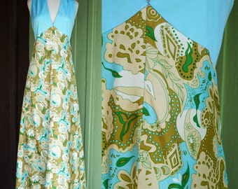 1970s Light Blue Halter Maxi Dress with Tan Green White Swirly Floral Print // 70s Open Back Halter Long Dress