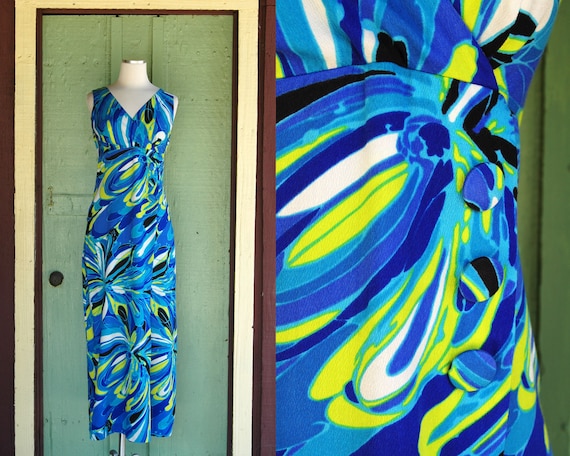 1960s 1970s Blue Turquoise Lime Green Swirly Maxi… - image 1