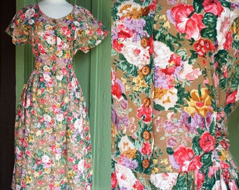 1990s Tan Pink Green White Floral Cotton Midi Dress // 90s Tie Waist Cotton Flower Tea Party Garden Dress by Erika