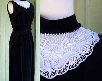 1980s Black Velvet Dress with White Lace Appliqué // 80s Lanz Cotton Velvet Black Sleeveless Midi Dress with Belt