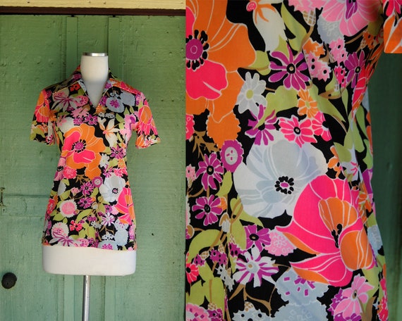 1960s Neon Floral Psychedelic Blouse // 60s Bold D