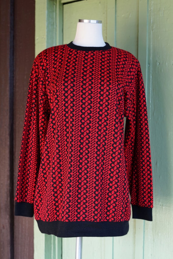 1980s 1990s Red and Black Graphic Sweater // 80s … - image 2