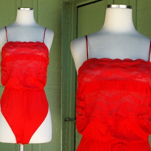 1970s Red Nylon Lace Lingerie Bodysuit by Deena // 70s Red Lace Spaghetti Strap High Cut Romper Onesie