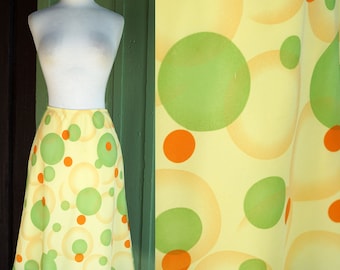 1990s 2000s Yellow Green Orange Polka Dot Bubble Print Mod Skirt // 90s Y2K Fun Funky Artsy Knee Length Skirt