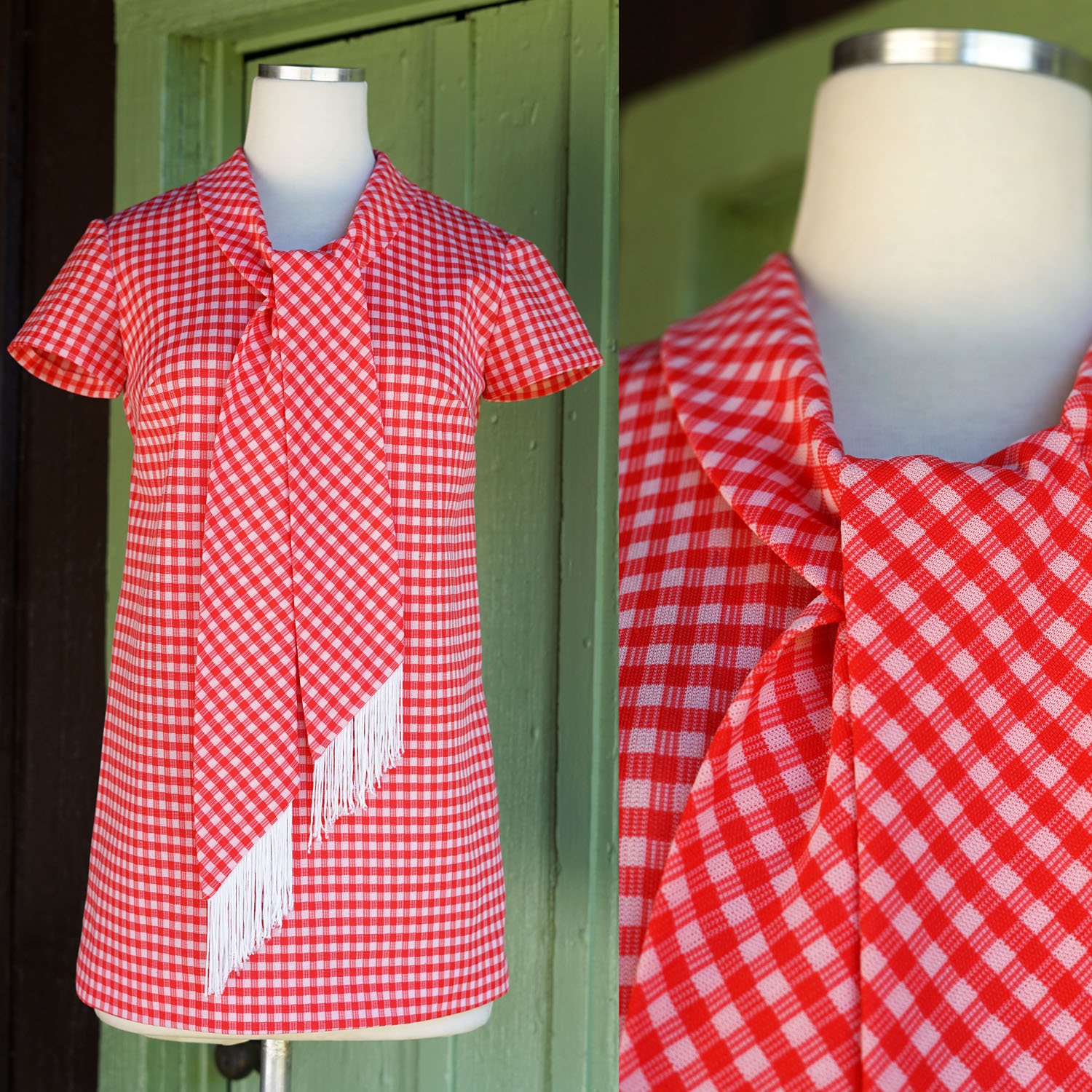 トップス 60s vintage check pattern shirt 70s Checkered Tank Top Ascot Necktie Shirt Sleeveless Blouse