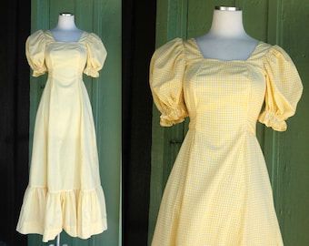 1970s Yellow White Checked Puff Sleeve Prairie Peasant Dress // 70s Prairie Princess Maxi Dress