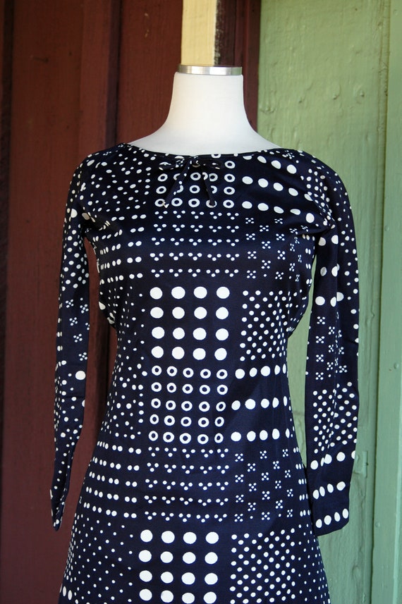 1960s 1970s Navy Blue White Polka Dot Maxi Dress // 6… - Gem