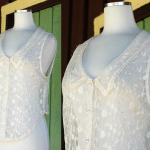 1990s Sheer Mesh Tan Floral Stitched Button Up Tank Top by Rampage // 90s Sheer Flower Power Hippie Boho Top